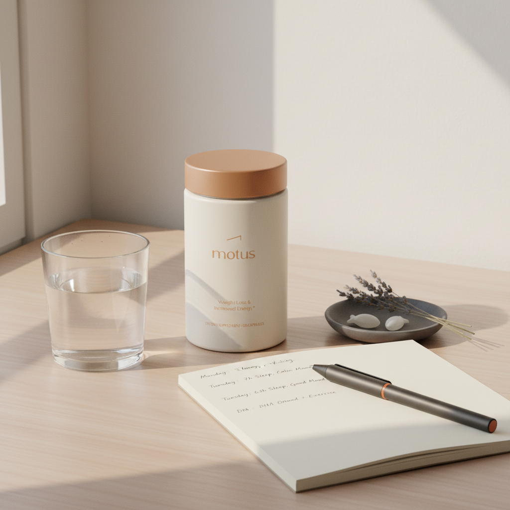 Prevagen Nouro jar on light wood table beside a glass of water, open handwritten sleep-and-mood log, and small dish with fish and herb icons in a minimalist Tonum clinical-lifestyle scene.