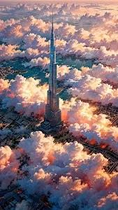 Burj Khalifa Skyscraper Rising Above Golden Sunset Clouds