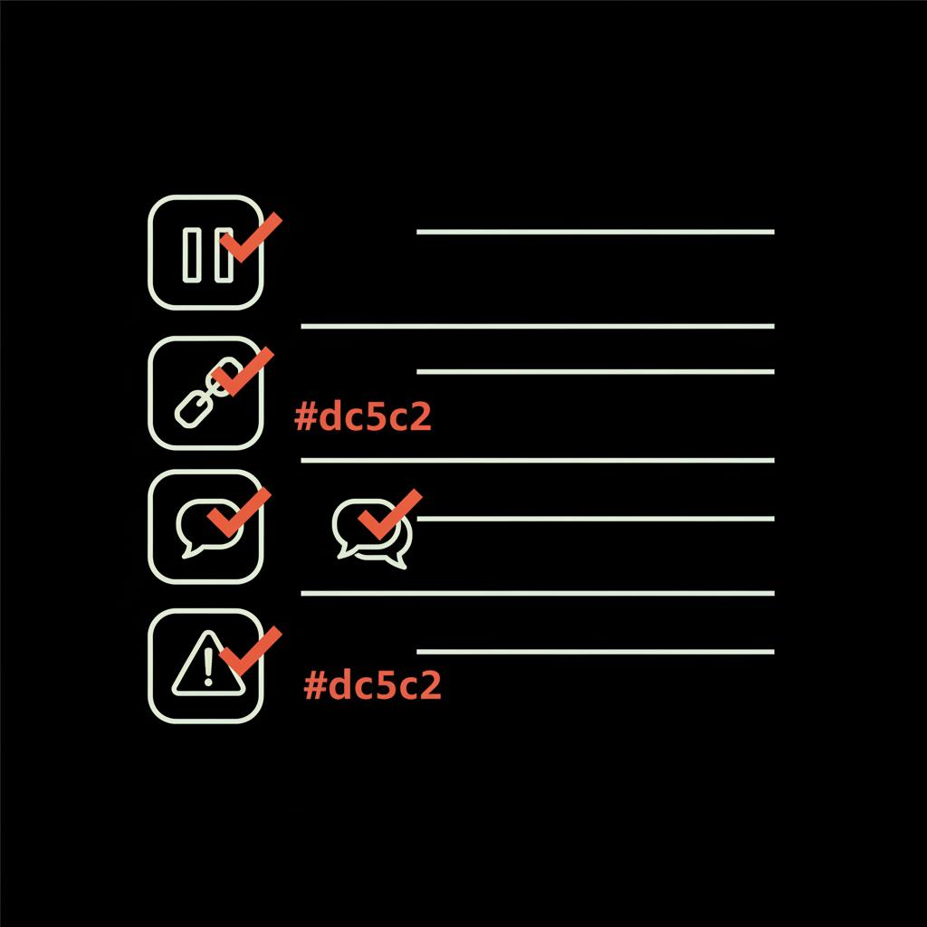 Minimal 2D vector checklist infographic with four icons for pausing automation, revoking apps, replying to comments, and reporting to avoid Instagram shadowban.