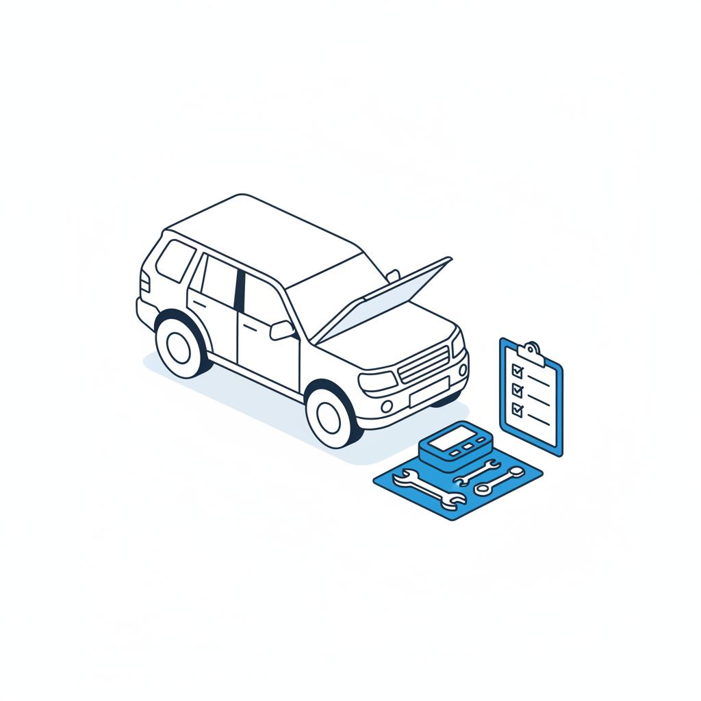 Minimalist 2D vector of an SUV with open hood and neatly arranged tools and a clipboard with checkboxes representing a pre purchase inspection used automobiles for sale near me