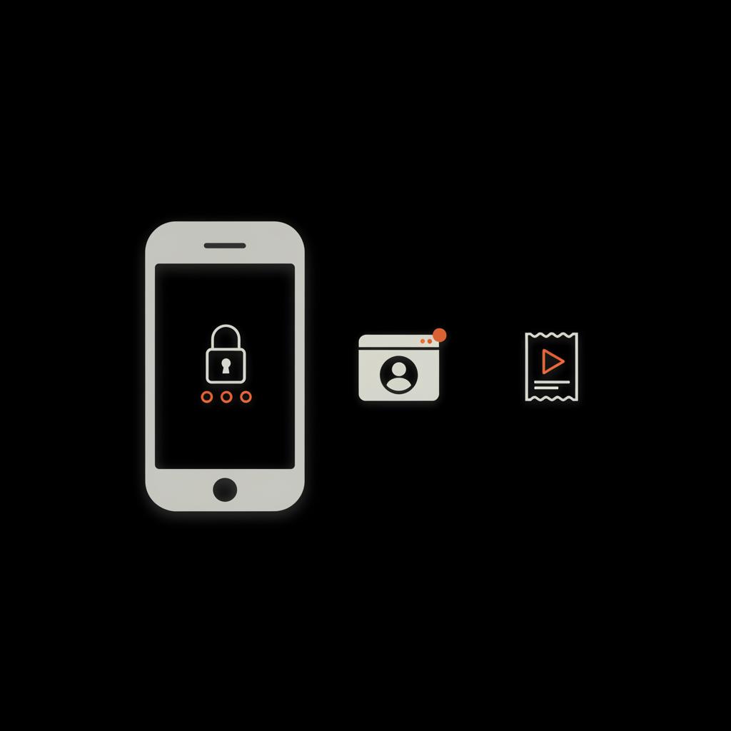 Minimal infographic of an old phone silhouette with vector icons for saved passwords, browser profile, and a generic app receipt on black background to help recover gmail account.