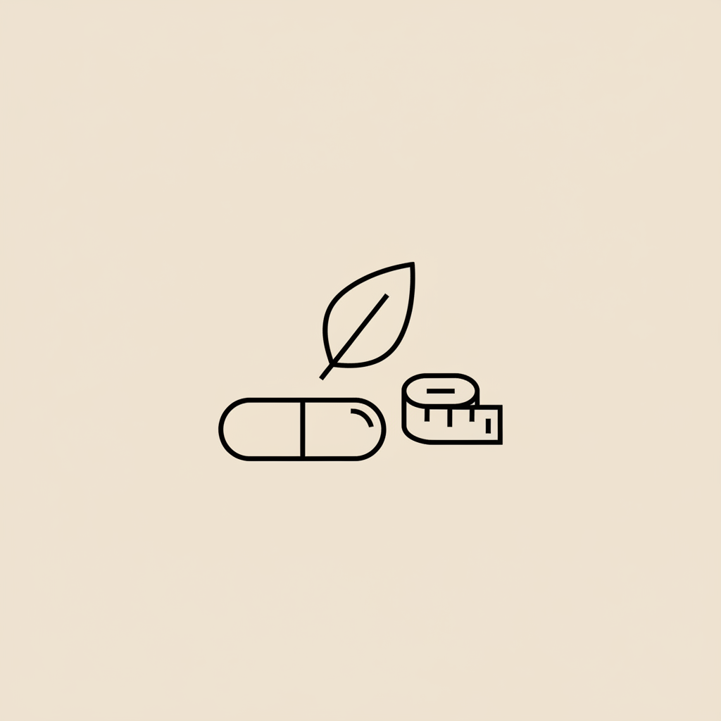 Minimalist line illustration of a pill, measuring tape, and leaf on beige background symbolizing Ozempic BMI eligibility and weight management.