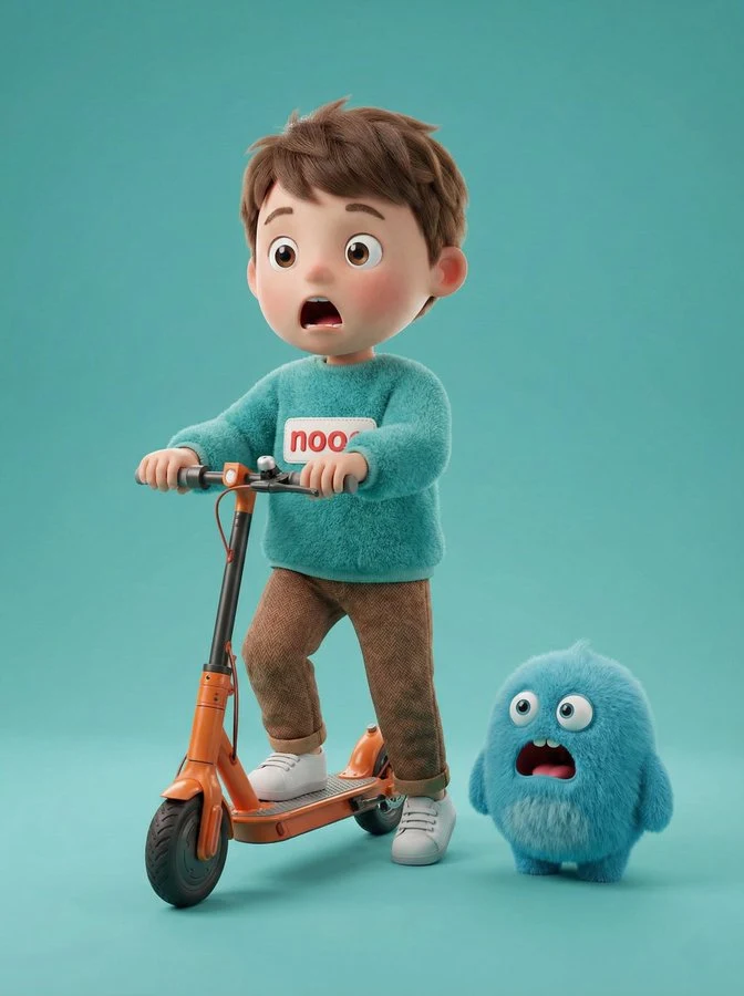 Un niño pequeño y adorable montando un patinete eléctrico naranja junto a un pequeño monstruo azul y peludo.