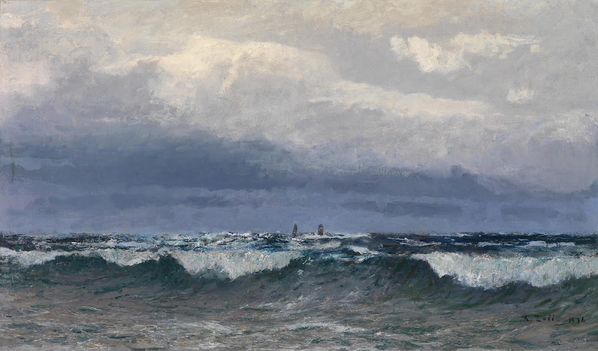 Meeresbrandung mit Segelschiffen 1896