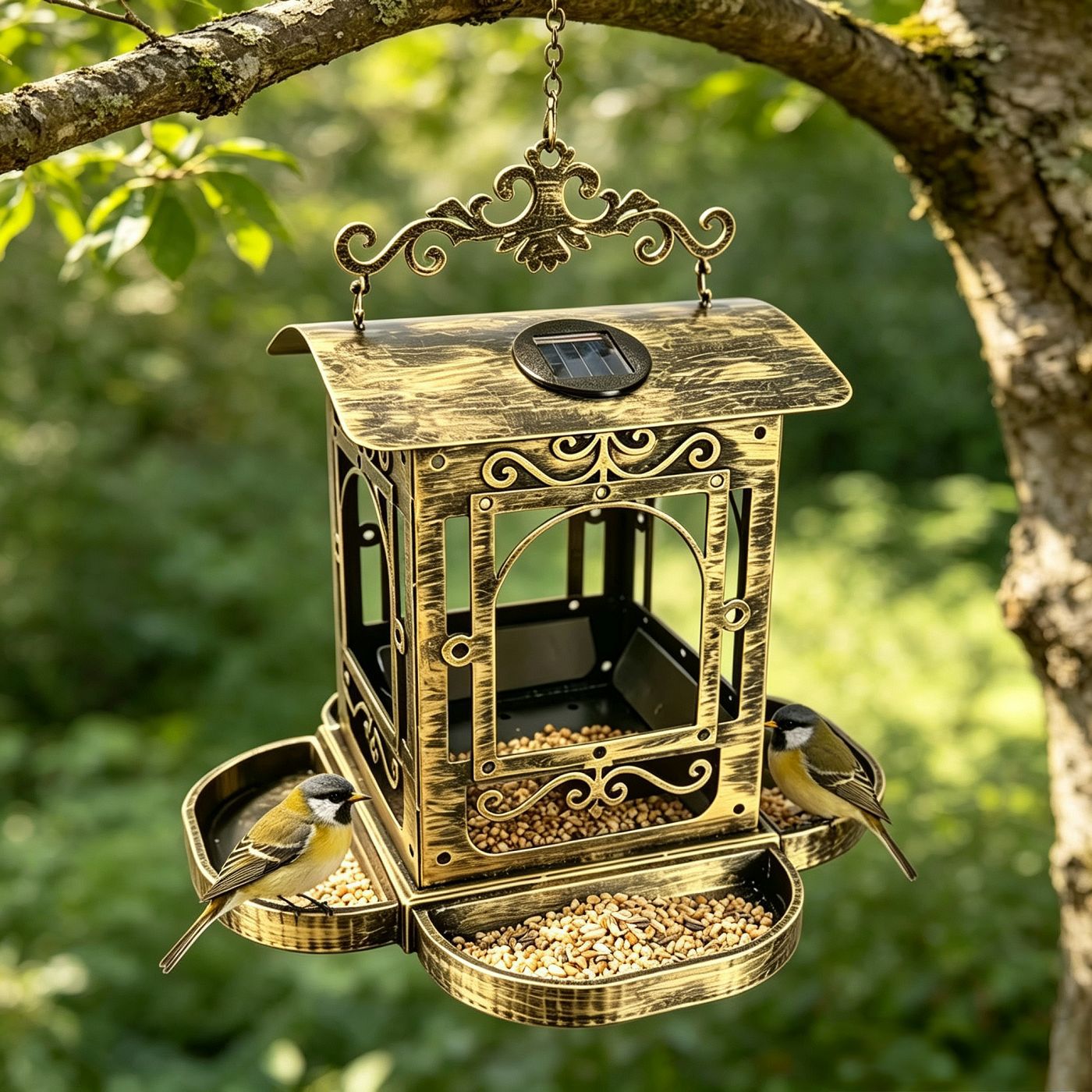 Hängende Solar-Vogelfutterstation aus Eisen, Antik-Bronze