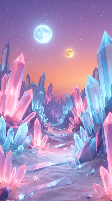 Surreal Crystal Valley Under Twin Moons in Lilac and Peach - Free mobile Wallpaper