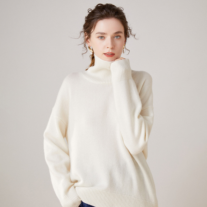 Damen-Kaschmirpullover, hoher Kragen, lockere Passform
