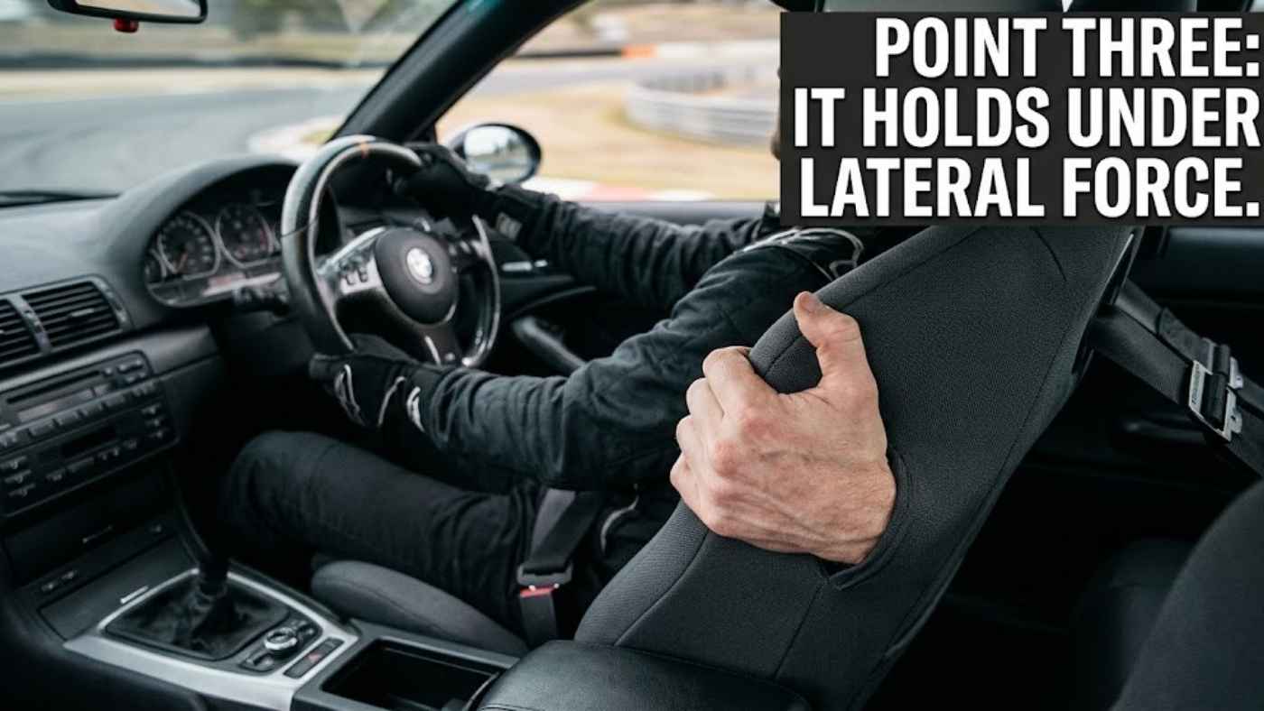 Driver braced against the seat bolster under lateral load, illustrating why a seat cover must not shift
