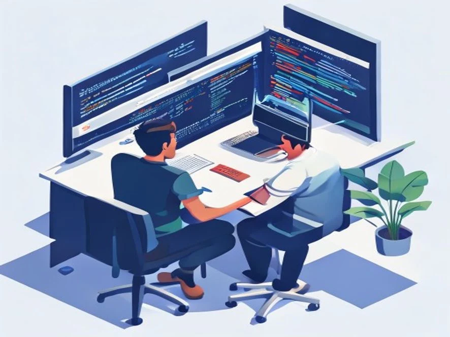 개발자가 복잡한 코드 오류 화면을 보고 좌절하는 모습의 아이소메트릭 일러스트. Blogger XML 테마에서 SVG 파비콘 적용에 어려움을 겪는 상황을 묘사.