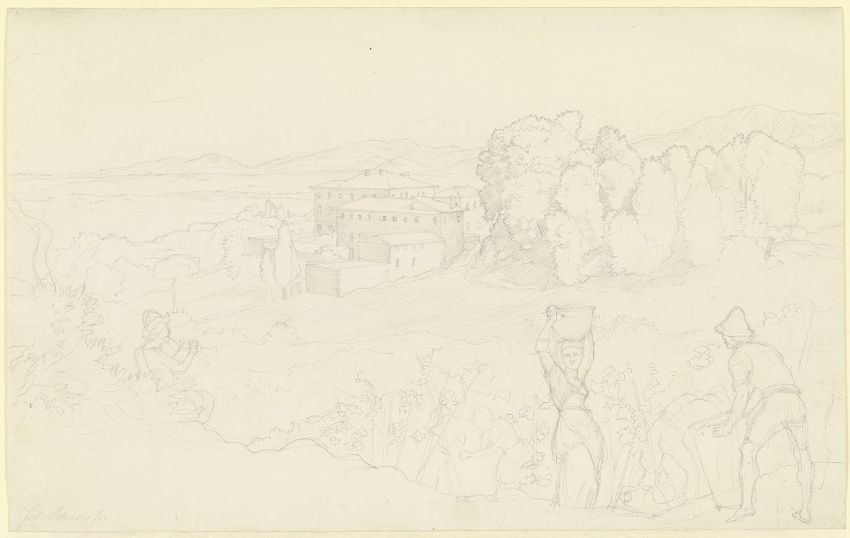 Landschaft mit einer Villa rechts vorne Winzer links ein Hirte der die Flöte blä