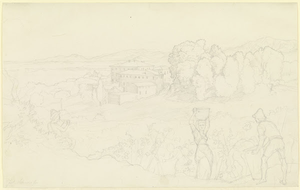 Landschaft mit einer Villa rechts vorne Winzer links ein Hirte der die Flöte blä