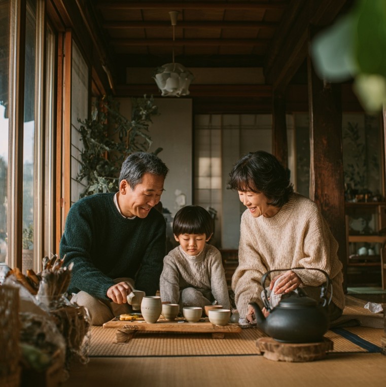 가족이 함께 차를 마시는 모습