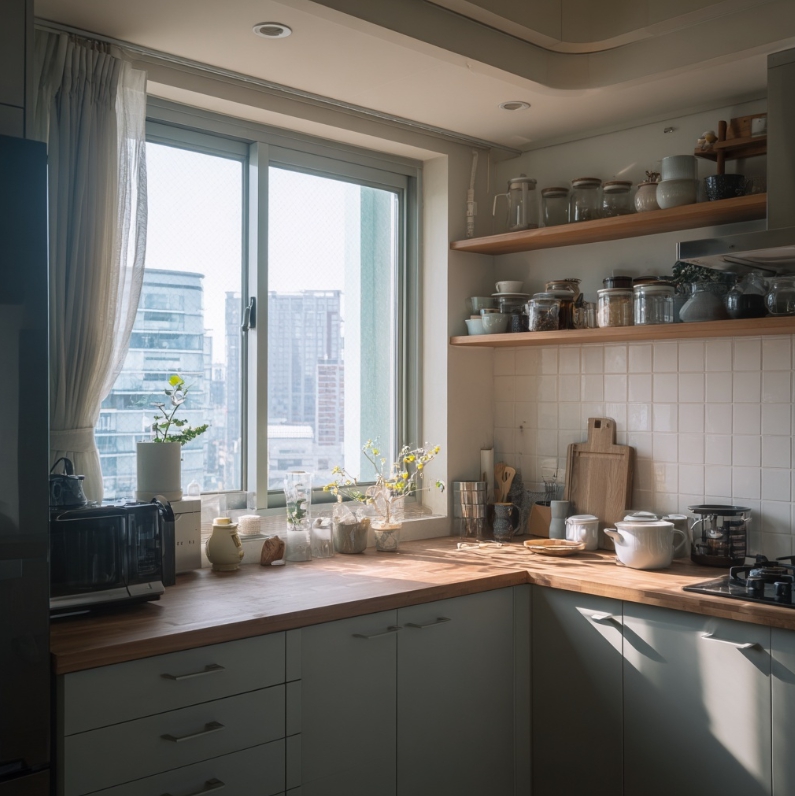 정돈된 주방과 깔끔한 조리대 모습