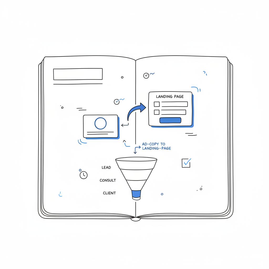 Minimal 2D vector notebook-style wireframe sketch of an accountant client acquisition landing page and ad-to-landing flow, showing form, arrows, funnel, and scribbled consult/checklist notes.