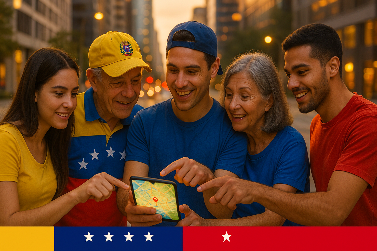 Venezolanos diversos consultando un mapa urbano en una ciudad extranjera