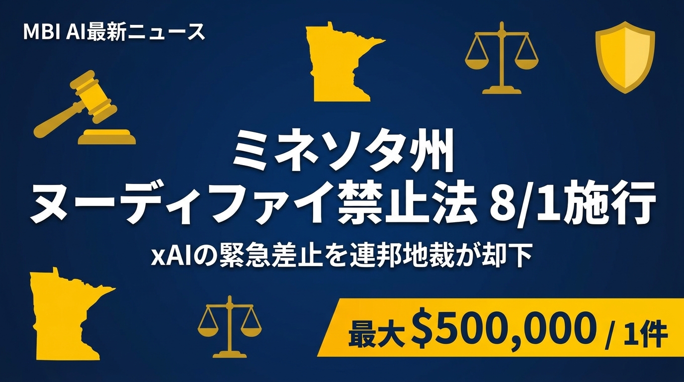 米ミネソタ州「ヌーディファイ禁止法」8/1施行 — xAIの緊急差止を連邦地裁が却下、違反1件あたり最大50万ドル。Grok Imagineは州内で機能制限へ