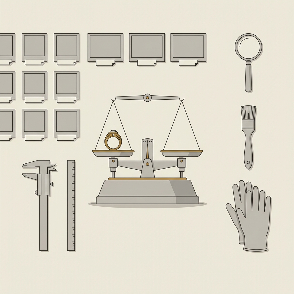 Minimal 2D vector of a conservator workspace with an authentic roman ring on a precision scale surrounded by blank labeled photos and measuring tools on a neutral background