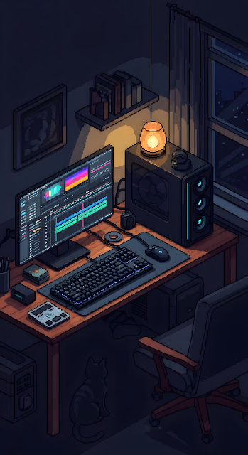 Lofi Cozy Night Pixel Art Workspace with Computer Setup and Black Cat - Free mobile Wallpaper