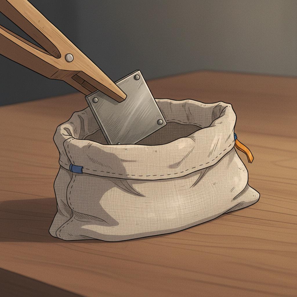 Minimalistische 2D-Vektor-Nahaufnahme eines gravierten Metallplättchens in einer Stofftasche, warme Lichtstimmung und Holz-Metall-Akzente — Geschenke zum 24. Geburtstag