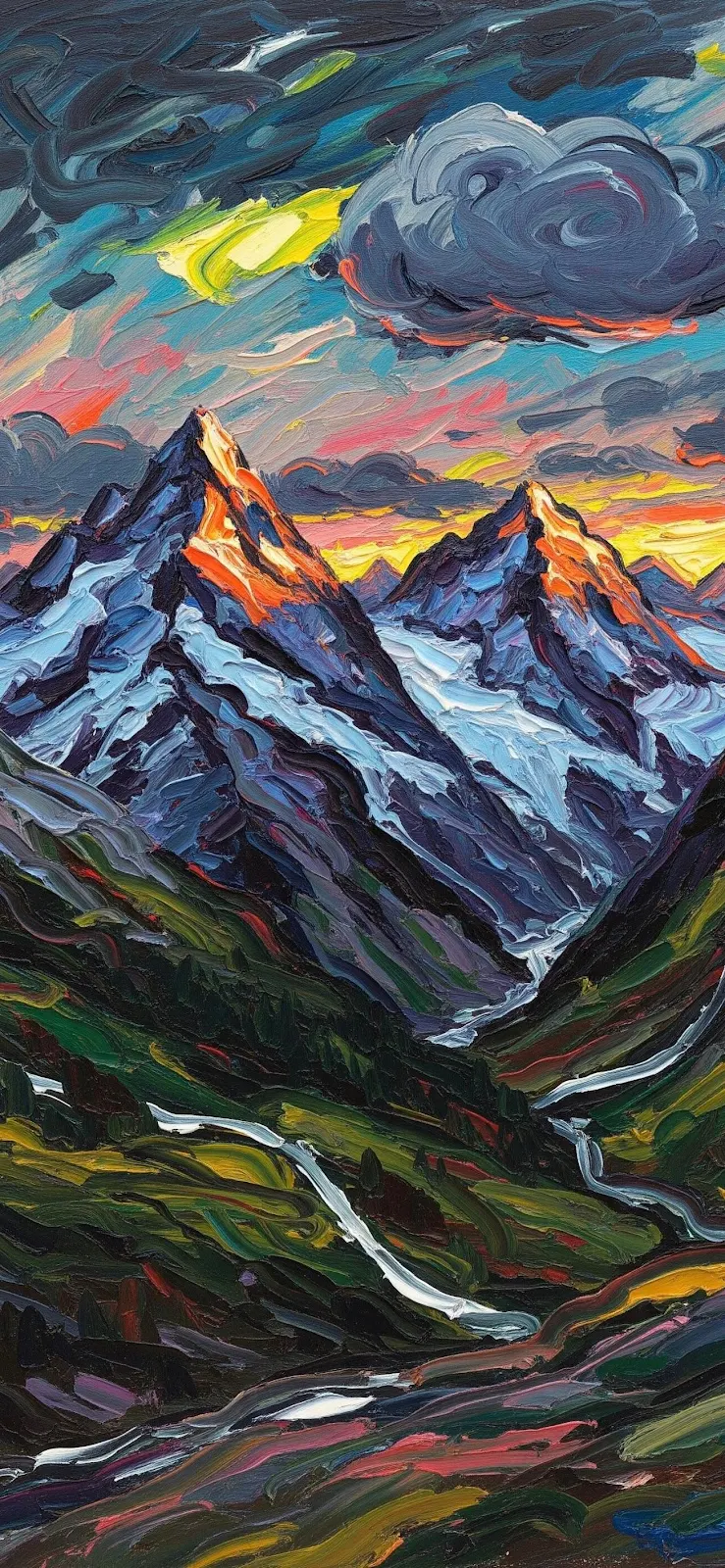 Vibrant Mountain Sunset Palette - Impasto Oil Painting Full HD iPhone Wallpaper (1299x2814)