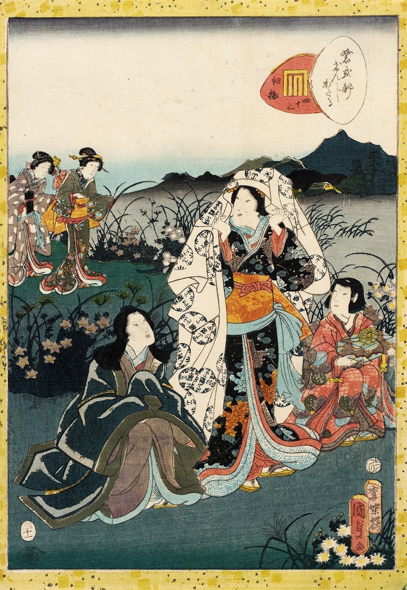 Murasaki Shikibu in Hiding from the Tale of Genji chapter Night Plum 1857