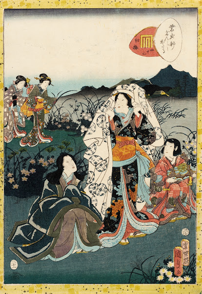 Murasaki Shikibu in Hiding from the Tale of Genji chapter Night Plum 1857