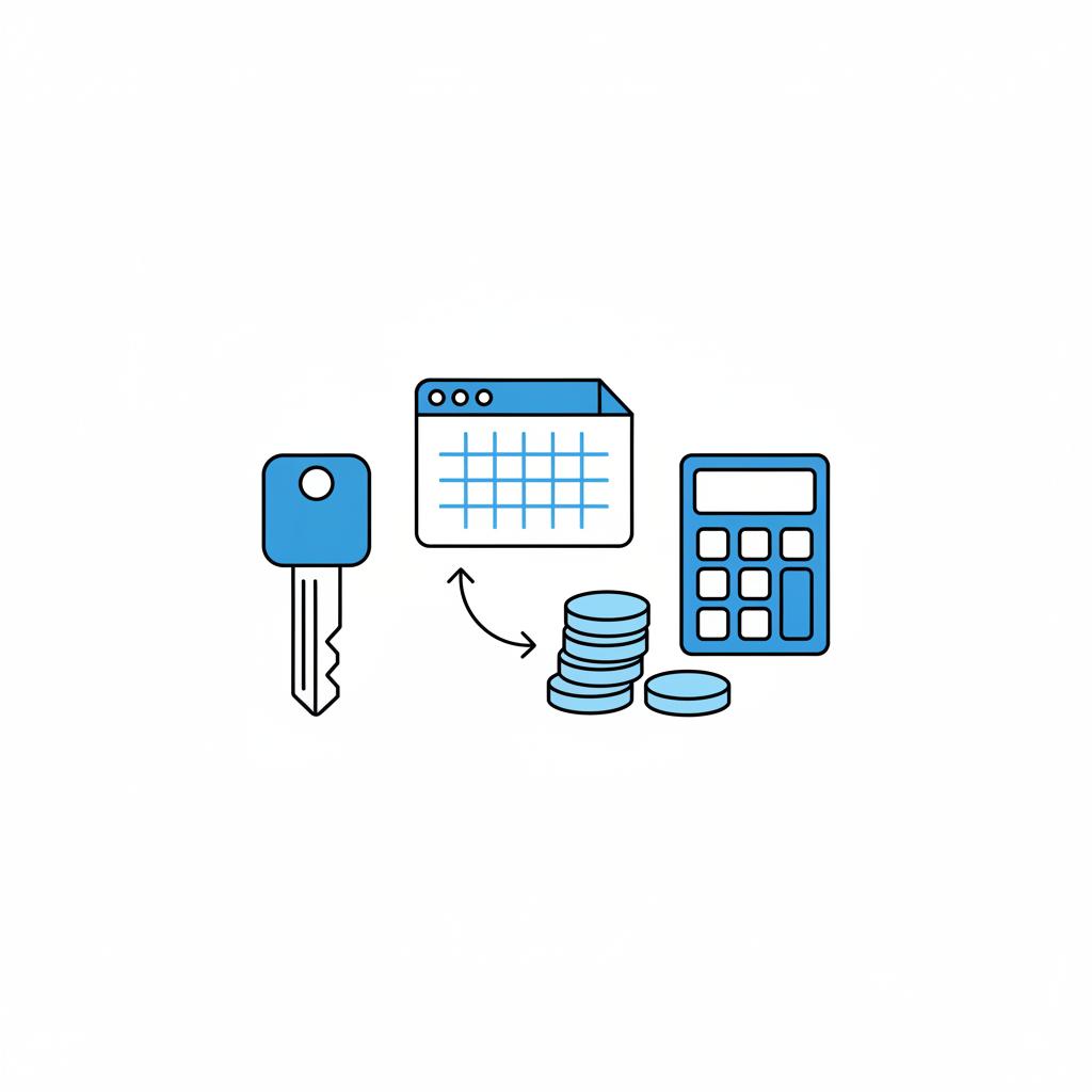 Minimal 2D vector of a car key next to a calculator and spreadsheet icons illustrating rolled negative equity concept for trade in my car on a white background with blue 3666ed accents