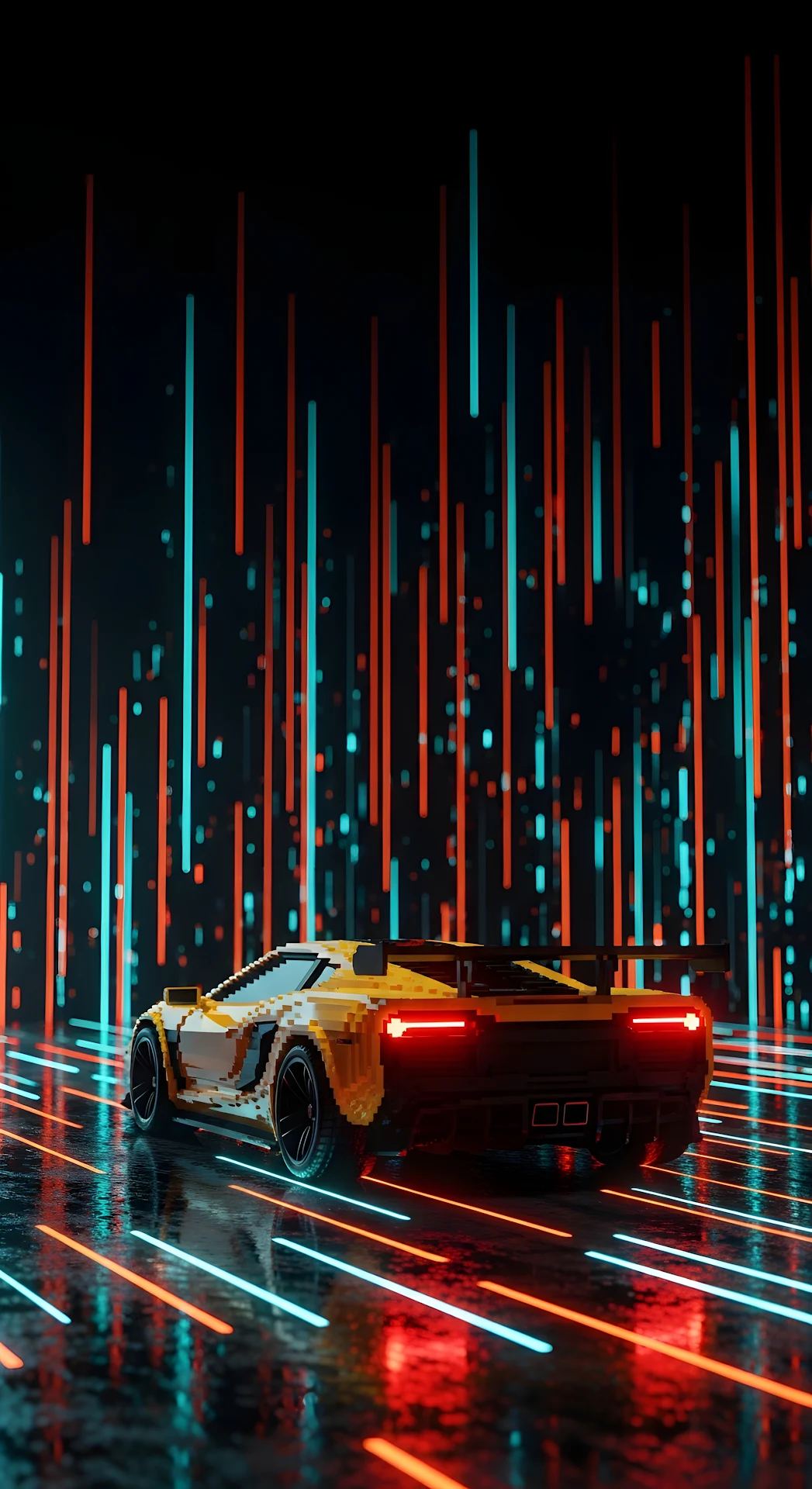 Rear View of a Voxel Art Sports Car on a Reflective Road with Vertical Data Background - Free 4K mobile Wallpaper