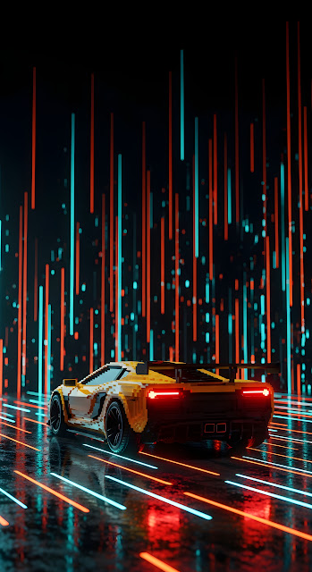 Rear View of a Voxel Art Sports Car on a Reflective Road with Vertical Data Background - Free mobile Wallpaper