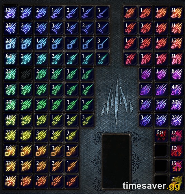 Path of Exile Essence stash tab sorted by essence type and tier