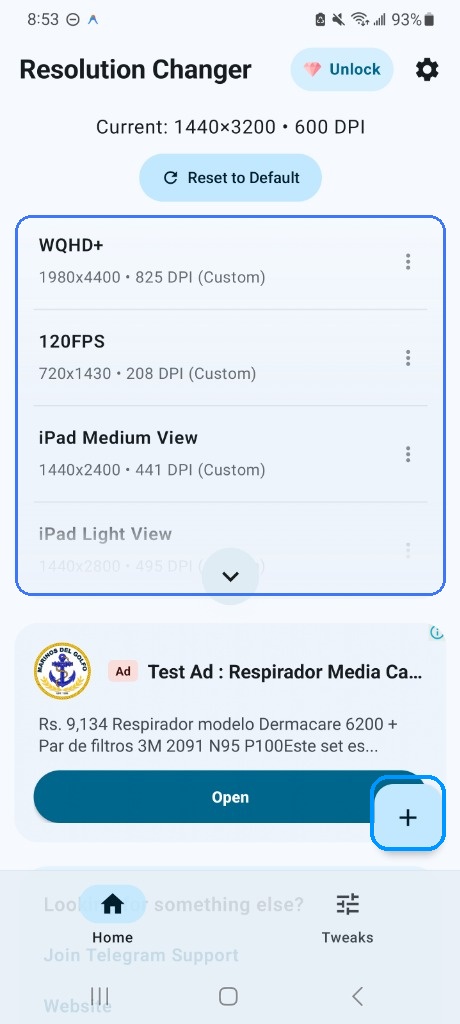 Resolution Changer App Main Dashboard with Presets