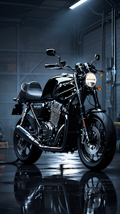 Sleek Black Motorcycle in Moody Garage Under Spotlight