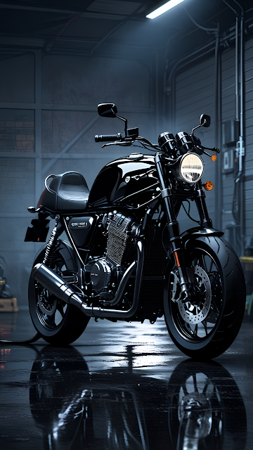 Sleek Black Motorcycle in Moody Garage Under Spotlight - Free mobile Wallpaper