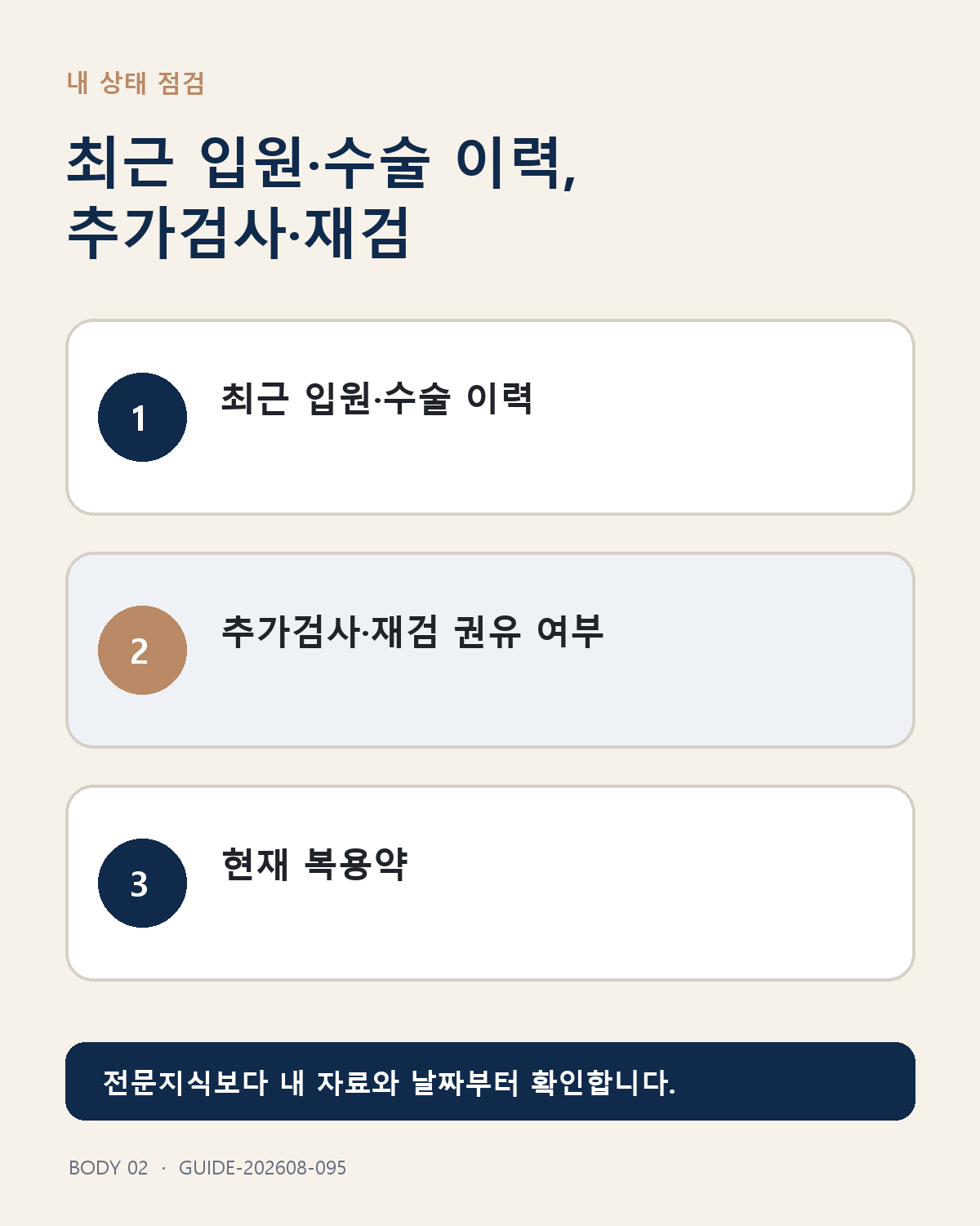 최근 입원·수술 이력, 추가검사·재검