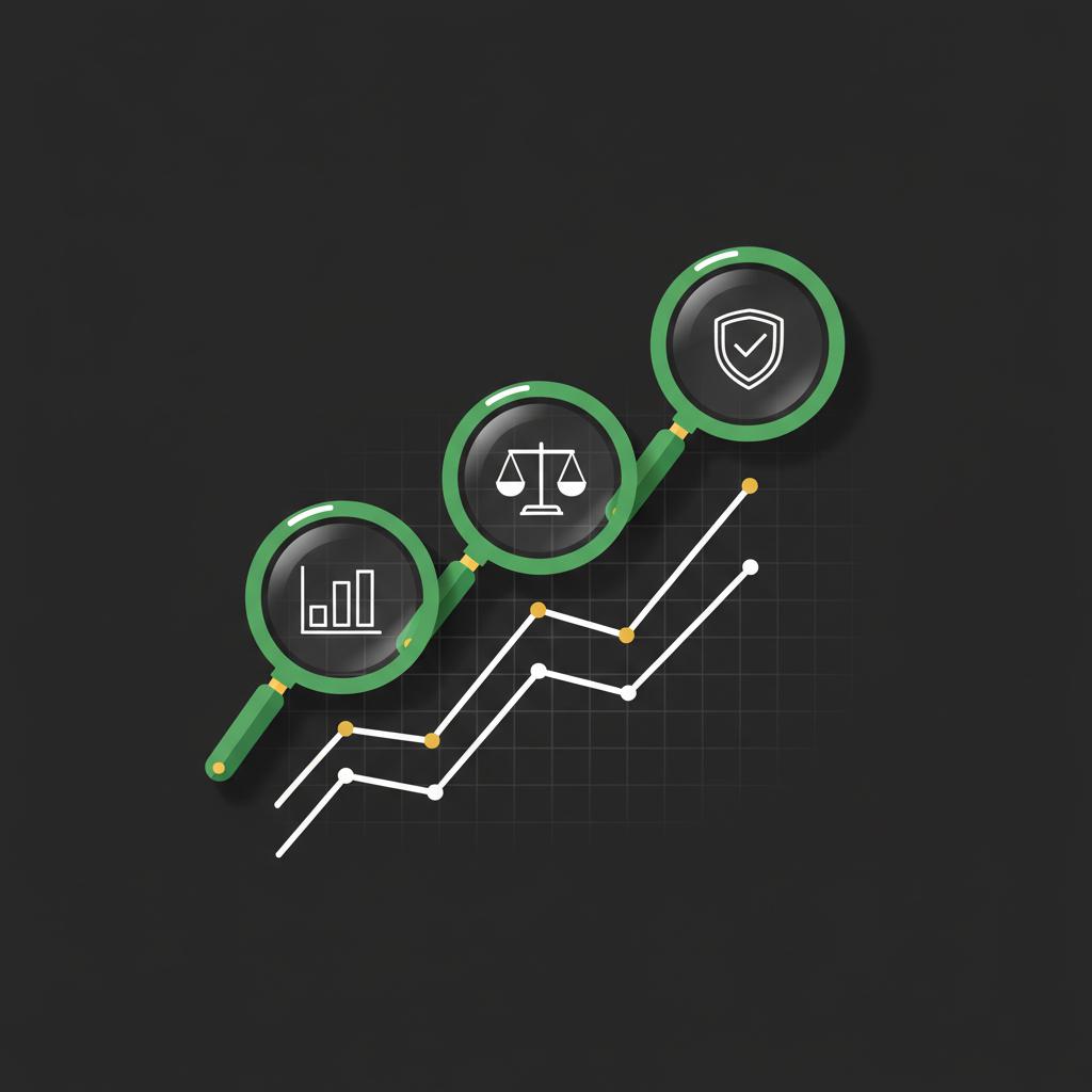 Minimalist 2D vector of three overlapping magnifying lenses over an ascending business chart representing stocks that can double with icons for fundamentals valuation and quality