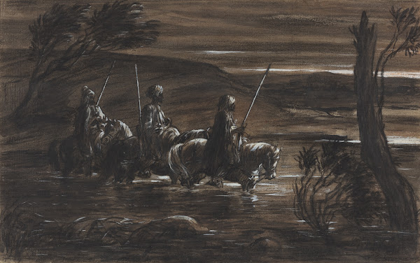 Three Arab Horsemen Crossing A River c 1835