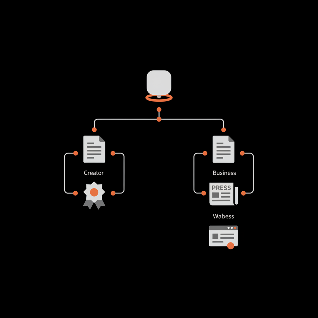 Minimal 2D vector flowchart illustrating two verification paths for the TikTok verification badge: left creator path (app → document → creator symbol) and right business path (app → document → press → website) on black background, brand colors.
