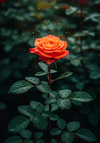Glowing Orange Rose in Dark Garden