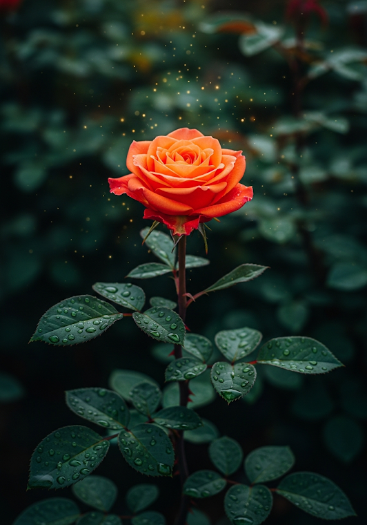 Glowing Orange Rose in Dark Garden