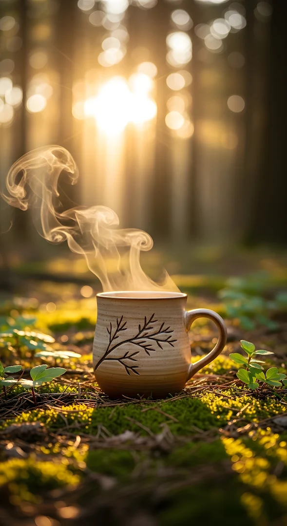 Cozy Steaming Coffee Mug in Golden Forest Sunlight Bokeh