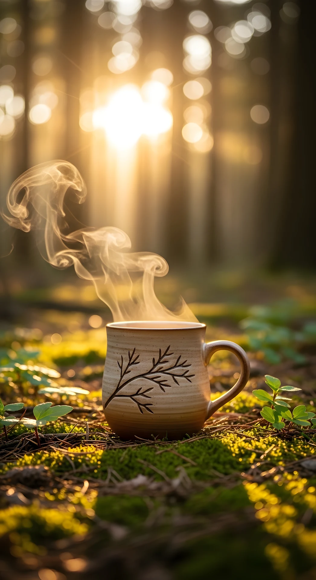 Cozy Steaming Coffee Mug in Golden Forest Sunlight Bokeh - Free 4K mobile Wallpaper