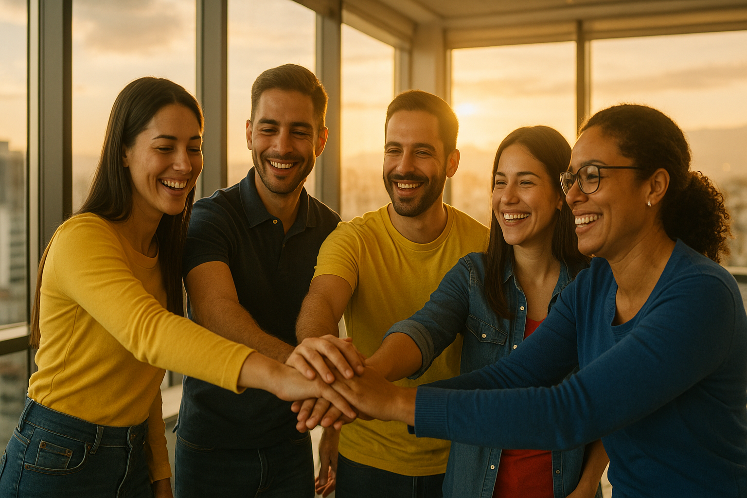 Venezolanos en el exterior dándose la mano en una oficina luminosa