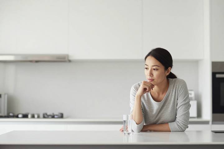 한 동양인 여성이 주방에서 물 한 잔을 바라보며 건강을 생각하는 모습