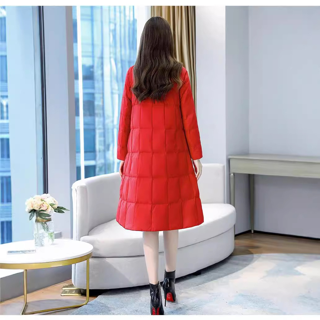 Women's A-line down coat, mid-length, stand-up collar