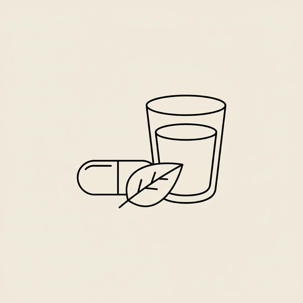 Minimal Tonum-style line vector of a capsule, water glass, and leaf on beige background illustrating collagen burn side effects and oral supplementation.