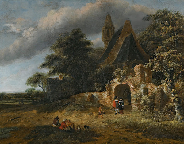 A Landscape With Figures Outside The Walls Of A Ruined Church