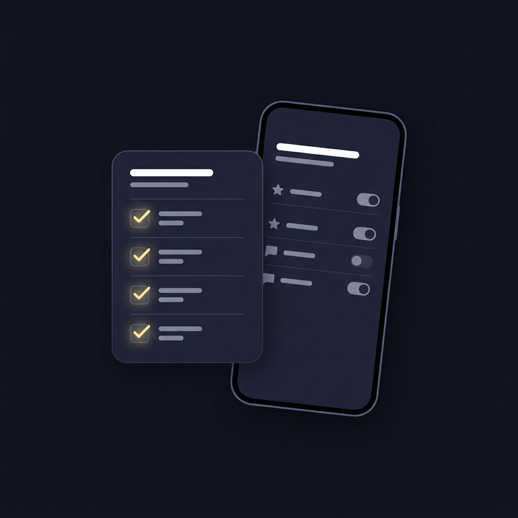 Minimalist illustration of a checklist beside a smartphone showing permission toggles and review icons representing fake betting app trust checks on a dark Funded Plays branded background