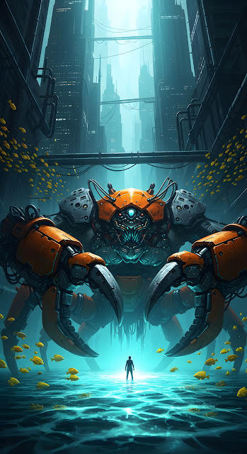 Giant Crab Mech Monster Dystopian Flooded Cyberpunk City - Free mobile Wallpaper