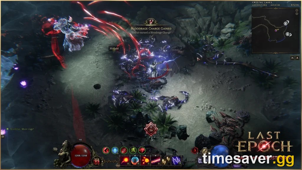 A Last Epoch character earns a Bloodrage Charge during combat in Crystal Lakes, with Morditas voiceline on screen