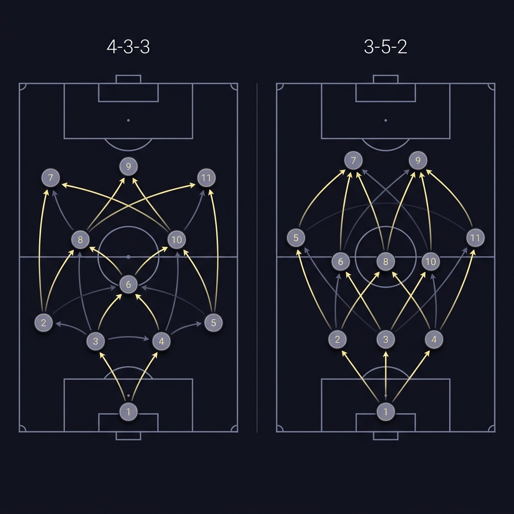 Why Starting Lineups Matter in Soccer annotated full frame pitch showing two formations side by side with key passing lanes highlighted in warm accent color and minimalist Funded Plays style
